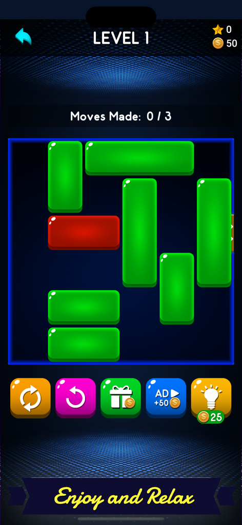 Q Block: Unblock Puzzle Board - Jogo do Q Block Quebra-cabeça de Blocos Deslizantes mostrando o nível um com blocos verdes e vermelhos deslizantes