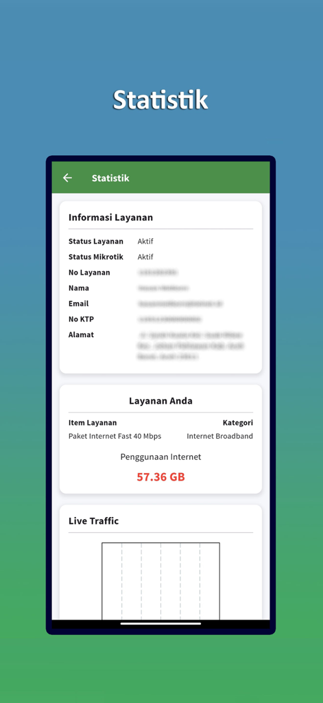TPay Telnet - TPay Telnet app screen displaying internet service details and data usage stats