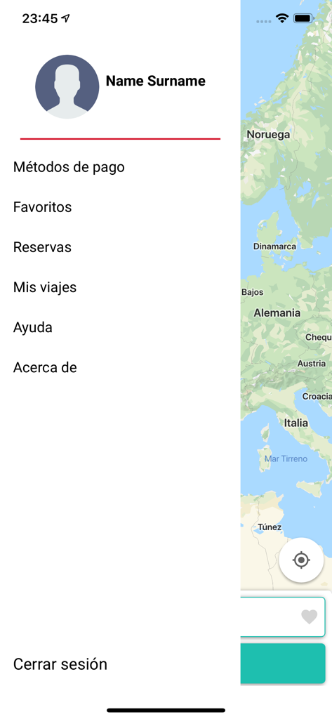 eTaxi (passenger) - eTaxi乗客アプリのサイドナビゲーションメニュー。ユーザーオプションと地図の背景が表示されています。