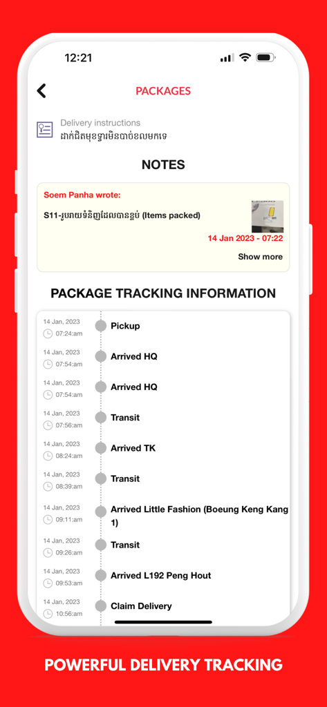 Mobiler Bildschirm mit einer detaillierten Paketverfolgung und Statusaktualisierungen in der L192-App