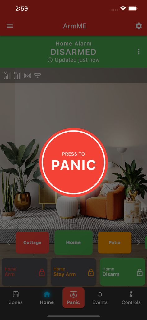 ArmME security app interface featuring a large red panic button for emergency home alarm activation