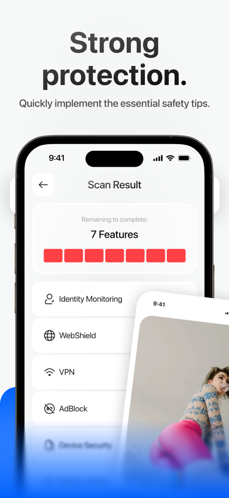 SafeX app scan results screen showing security features like VPN and AdBlock