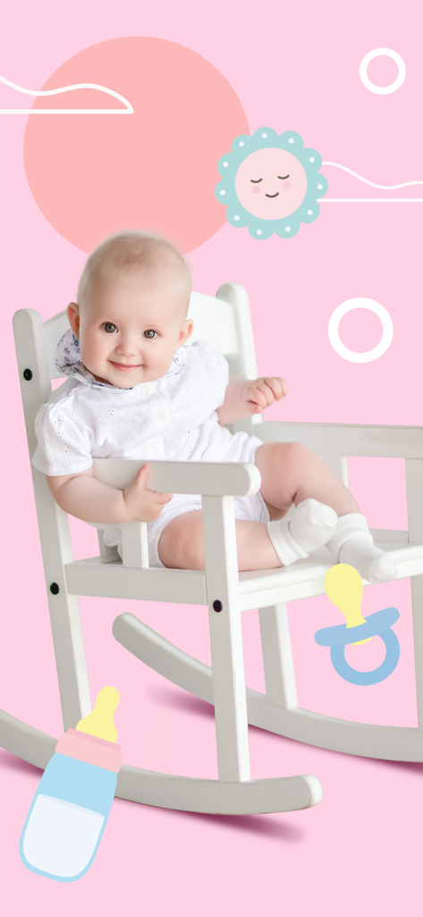 Все о беременности Happy Mama - ピンクの背景に哺乳瓶と、白いロッキングチェアに座る笑顔の赤ちゃんのイラスト