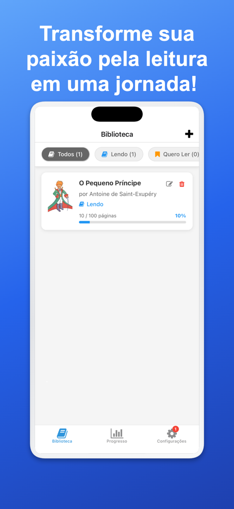My Readings - Interfaz de la app Mis Lecturas que muestra una biblioteca de libros con una barra de progreso de lectura para El Principito