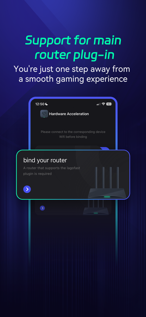 LagoFast Console - LagoFast Console app interface showing router plug-in support for hardware acceleration.