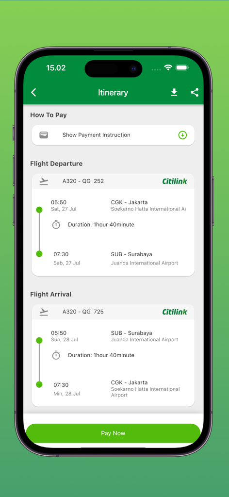 Pantalla de la aplicación móvil Citilink que muestra los detalles del itinerario de vuelo para Yakarta y Surabaya con un botón Pagar ahora
