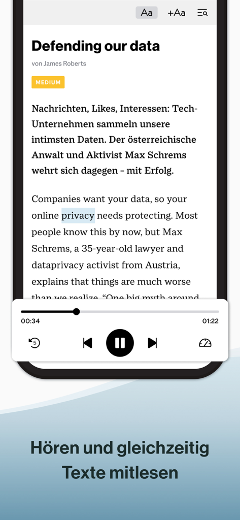 Screenshot of the Business Spotlight app showing an article about data privacy with an integrated audio player for listening and reading simultaneously.