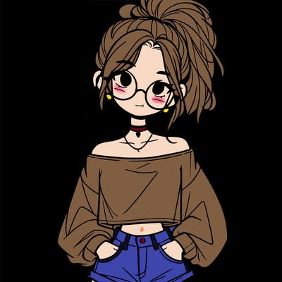 girl with a messy ponytail glasses a baggy crop top and jean shorts