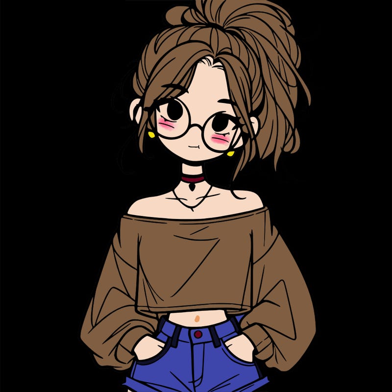 girl with a messy ponytail glasses a baggy crop top and jean shorts