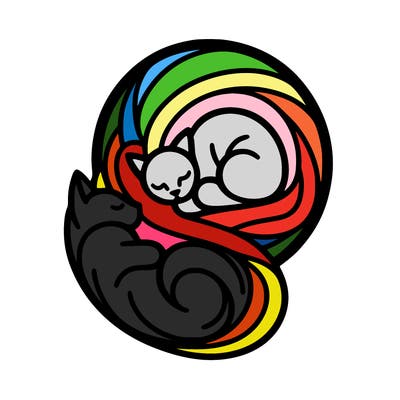 abstract art designed cat curled in a ball seeing reflection of itself