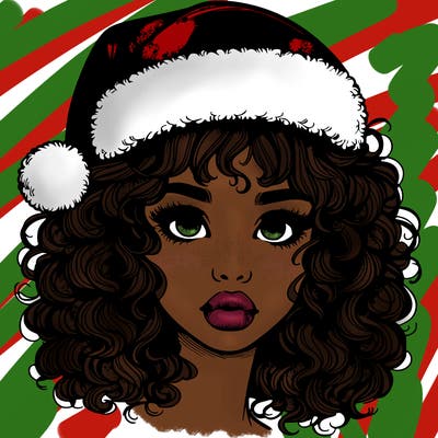 realistic girl with a santa hat curly hair and lips