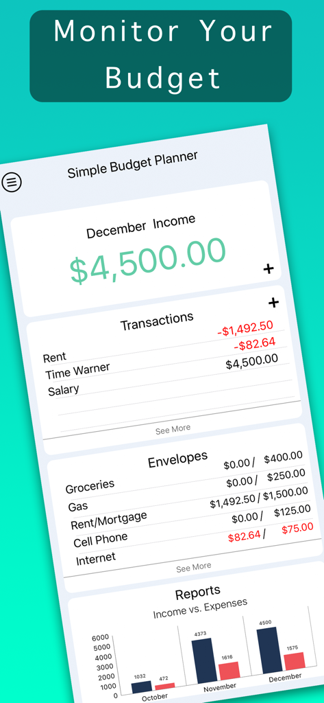 Simple Budget Planner Deluxe - The main dashboard of the Simple Budget Planner Deluxe app showing monthly income transactions and envelope budget tracking.