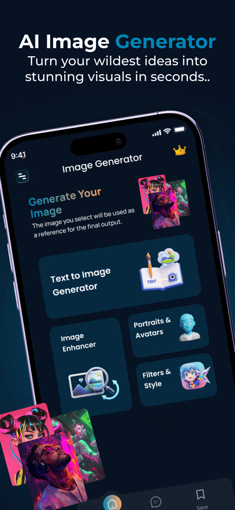 Collart - AI Image Generator - A smartphone screen displaying the Collart AI Image Generator app with features like Text to Image and Portrait Avatars.