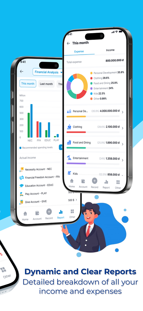 Ein Bildschirm einer mobilen App, der eine detaillierte finanzielle Aufschlüsselung mit bunten Diagrammen und Ausgabenkategorien zeigt