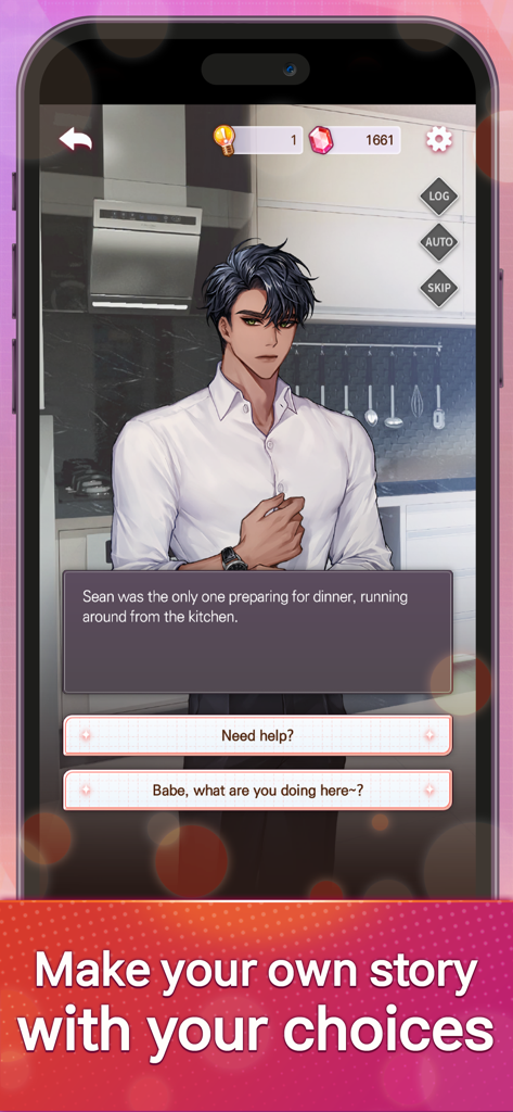 Darling Pet : Choose your love - A visual novel scene from Darling Pet featuring Sean in a kitchen with interactive dialogue choices