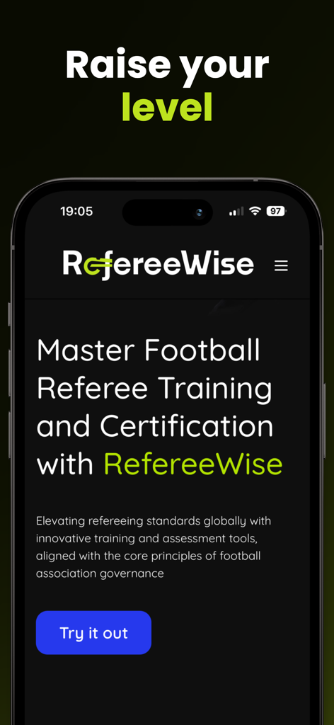 iPhone screen displaying the RefereeWise app homepage for soccer referee training and certification