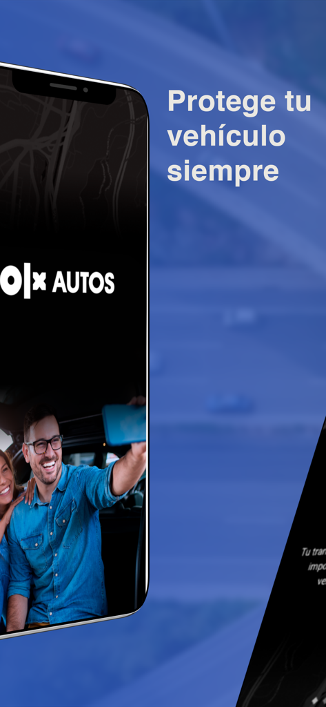 GPS OLX AUTOS - A smartphone displaying the GPS OLX AUTOS app with a happy couple in a car and text about vehicle protection