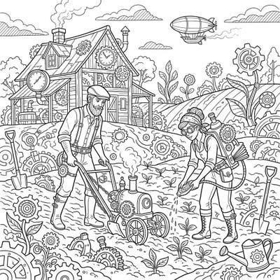Step into a whimsical world where pioneer spirit meets clockwork innovation with this unique Steampunk Homesteaders coloring page. Explore a detailed scene of retro-futuristic farming and industrious characters, perfect for imaginative coloring.