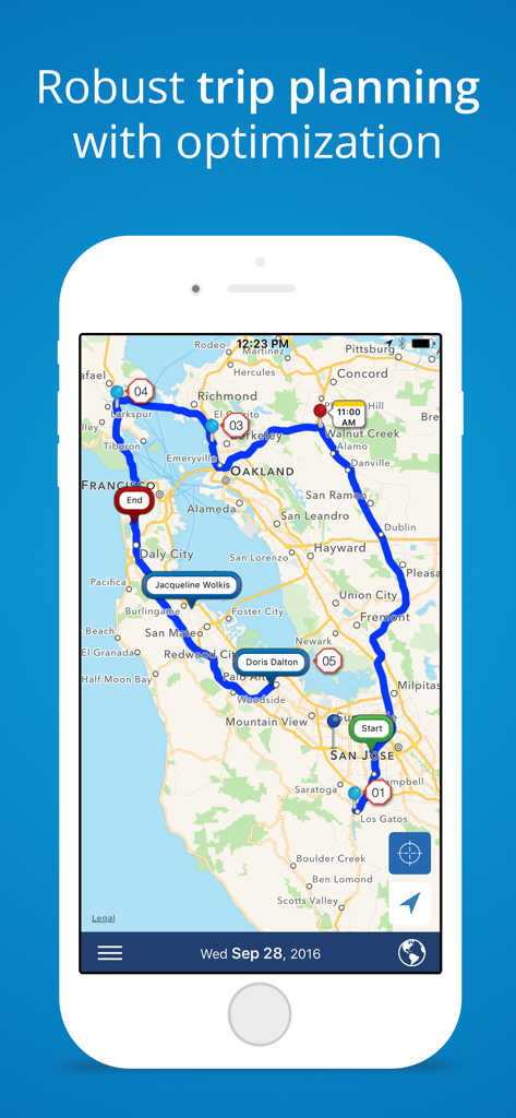 Mapview App-Oberfläche zeigt eine optimierte Verkaufsroute mit mehreren Stopps in der San Francisco Bay Area