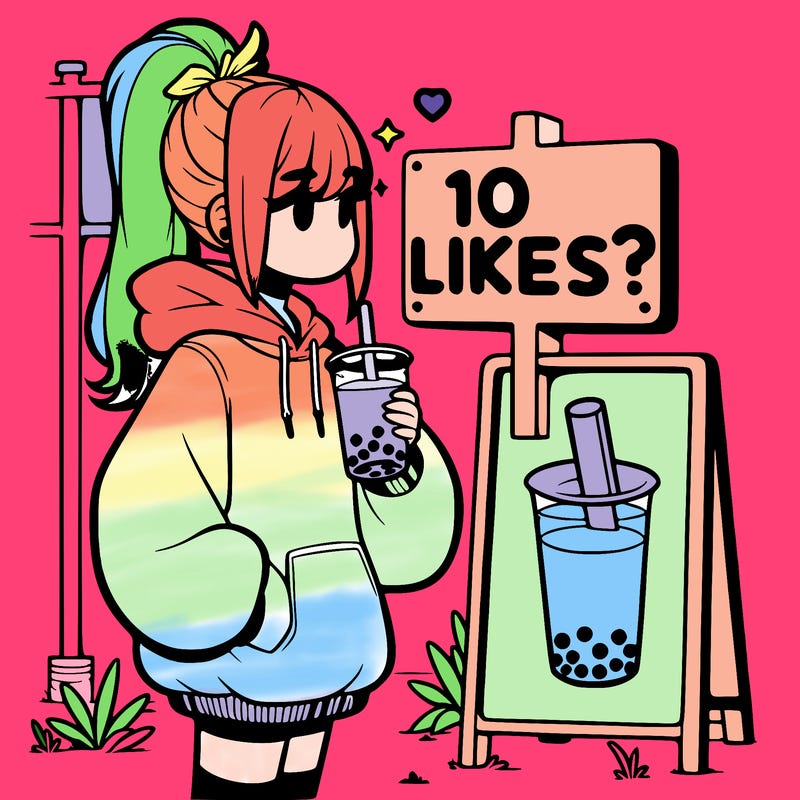 girl with oversized hoodie drinking boba and she has a high ponytail with a sign that says 10likes?