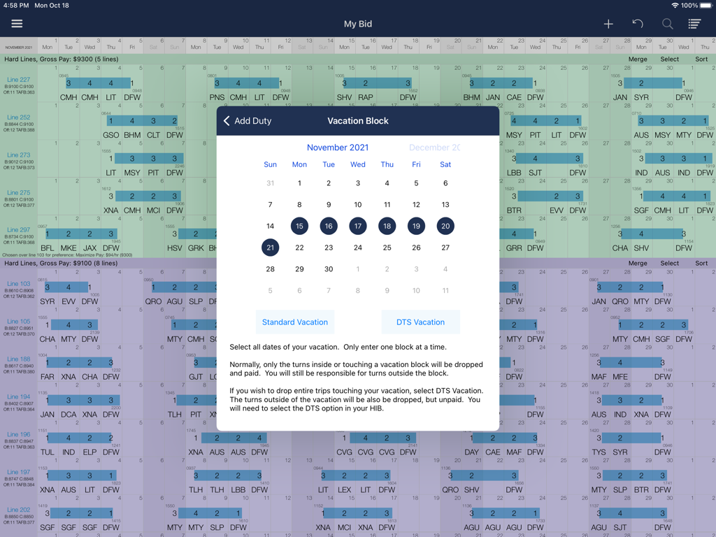 QuickBid - QuickBid iPad App Benutzeroberfläche mit einem Urlaubsblock-Kalender für die Flugplanungsplanung der Flugbesatzung