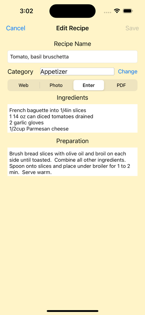 JustMyRecipes - A user interface for editing a recipe in the JustMyRecipes app showing ingredients and preparation details
