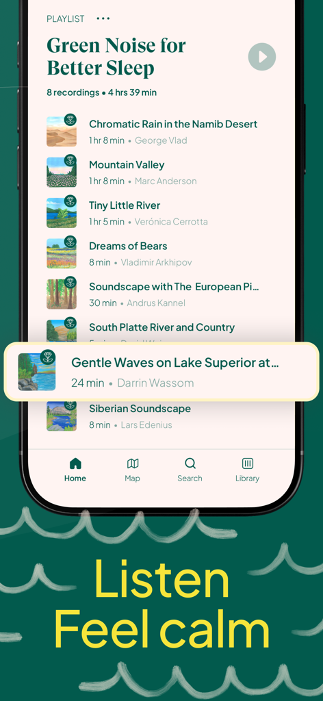 Nature Sounds : Earth FM - Captura de pantalla de la aplicación Nature Sounds Earth FM que muestra una lista de reproducción de ruido verde para dormir mejor