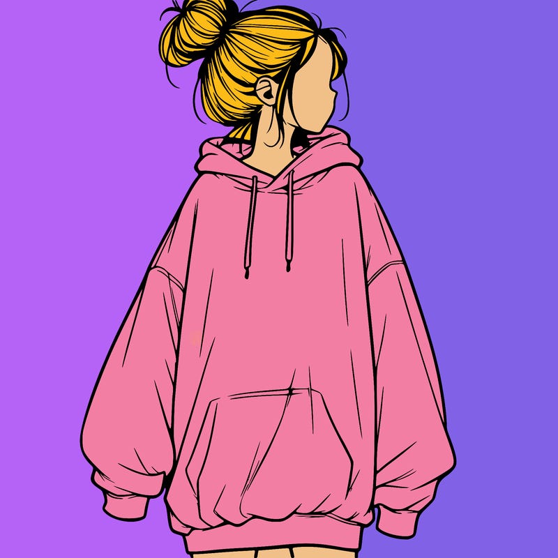 realistic girl with a oversized sweatshirt on and a bun