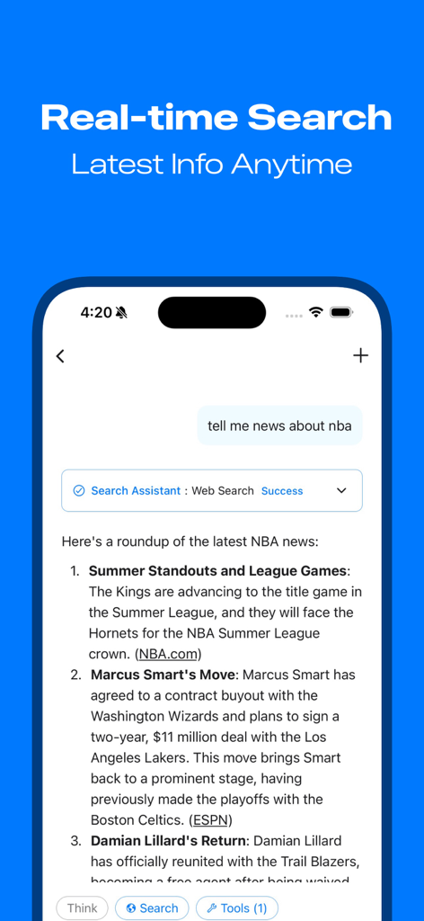 Morphix AI interface displaying real-time web search results for latest NBA news
