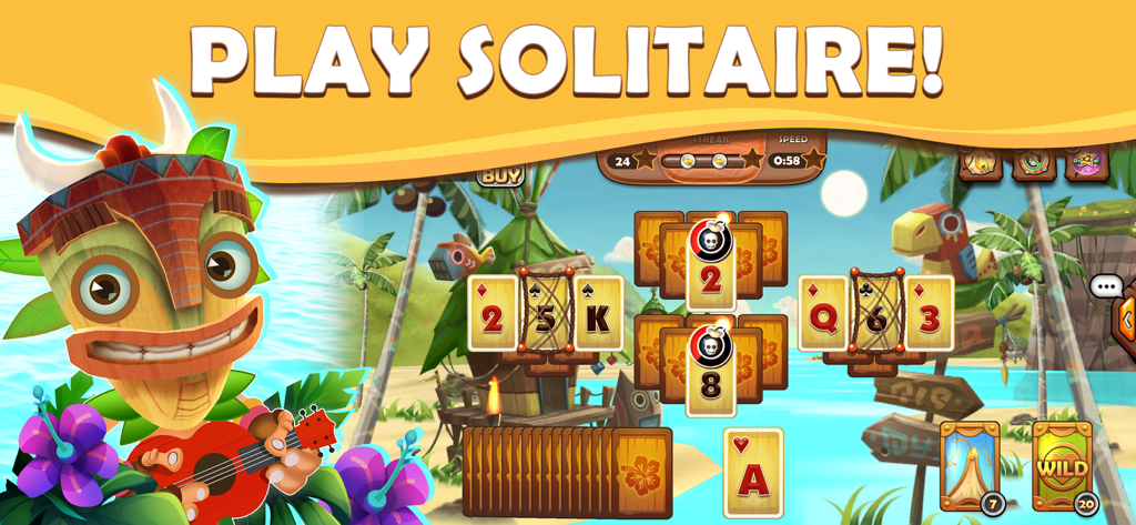 Tiki Solitaire TriPeaks - A Tiki character playing a ukulele next to a Solitaire TriPeaks card game layout on a tropical beach
