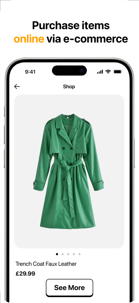 Colour Varia - A mobile app screen showing a green faux leather trench coat available for purchase through the Colour Varia e-commerce feature.