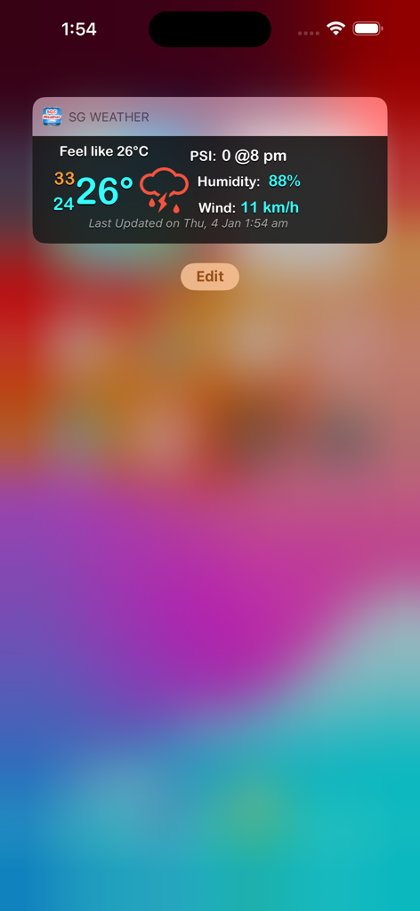 Widget de l'application SG Weather sur l'écran d'accueil d'un iPhone montrant la température et l'humidité
