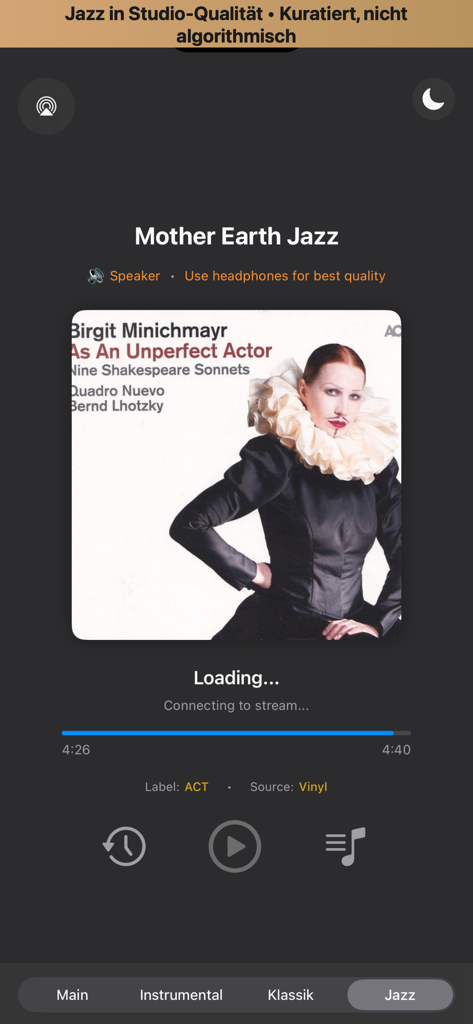 Mother Earth Radio - Mother Earth Radio app Jazz channel player interface featuring album art and vinyl source details
