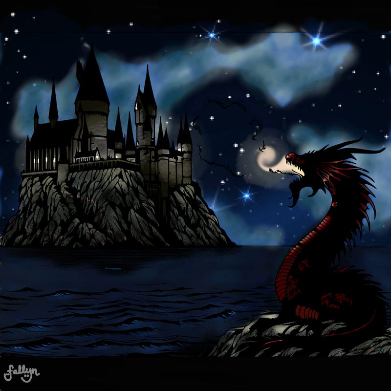 realistic harry potter castle around the ocean with a dragon breathing fire