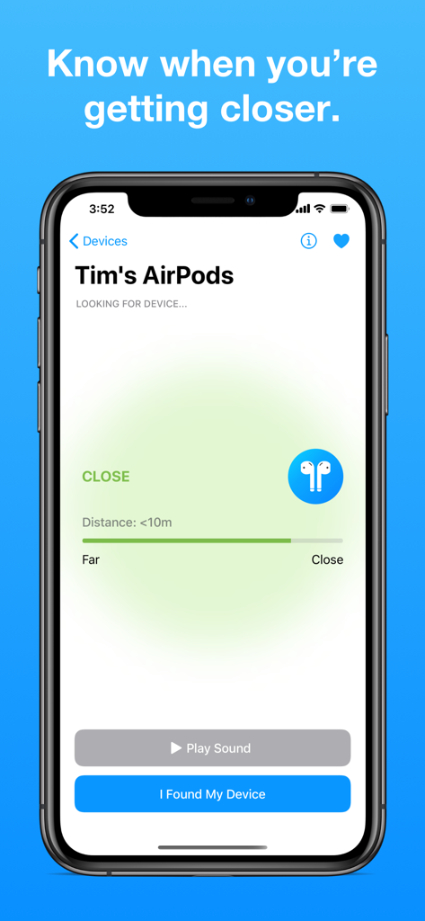 Tela de proximidade mostrando a distância para os AirPods perdidos no aplicativo Find My Bluetooth Device
