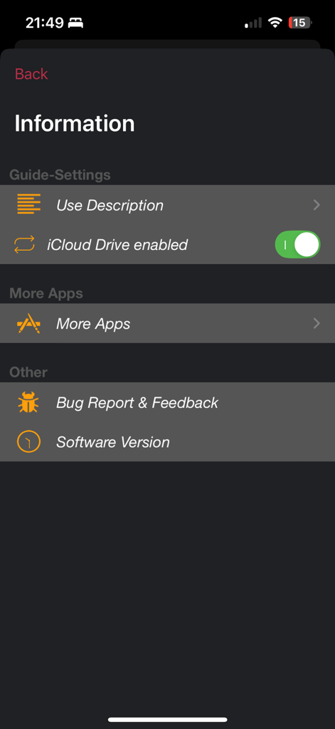 The information menu screen of the Bluetooth Car Audio Music Play app showing settings and support options.