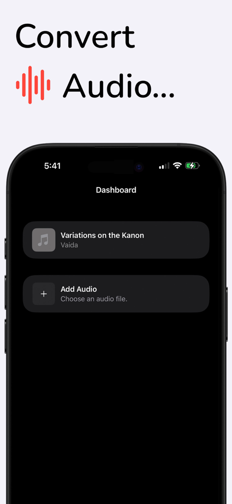 The dashboard of the Piano Transcriptionist app showing a list of audio files to convert.