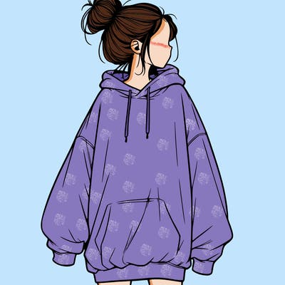 realistic girl with a oversized sweatshirt on and a bun