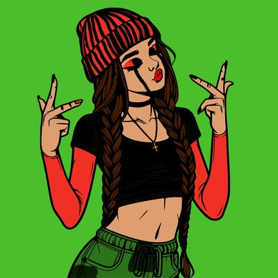 realistic teenage girl with braids and a beanie and crop top doing 🫶🏼