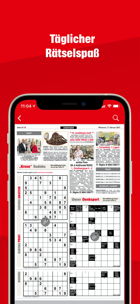 Digitale Zeitungsseite in der Krone ePaper App mit Sudoku- und Kreuzworträtseln