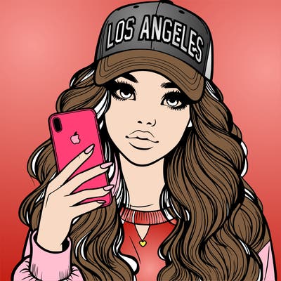 realistic beautiful girl wearing los ángeles cap holding an iphone