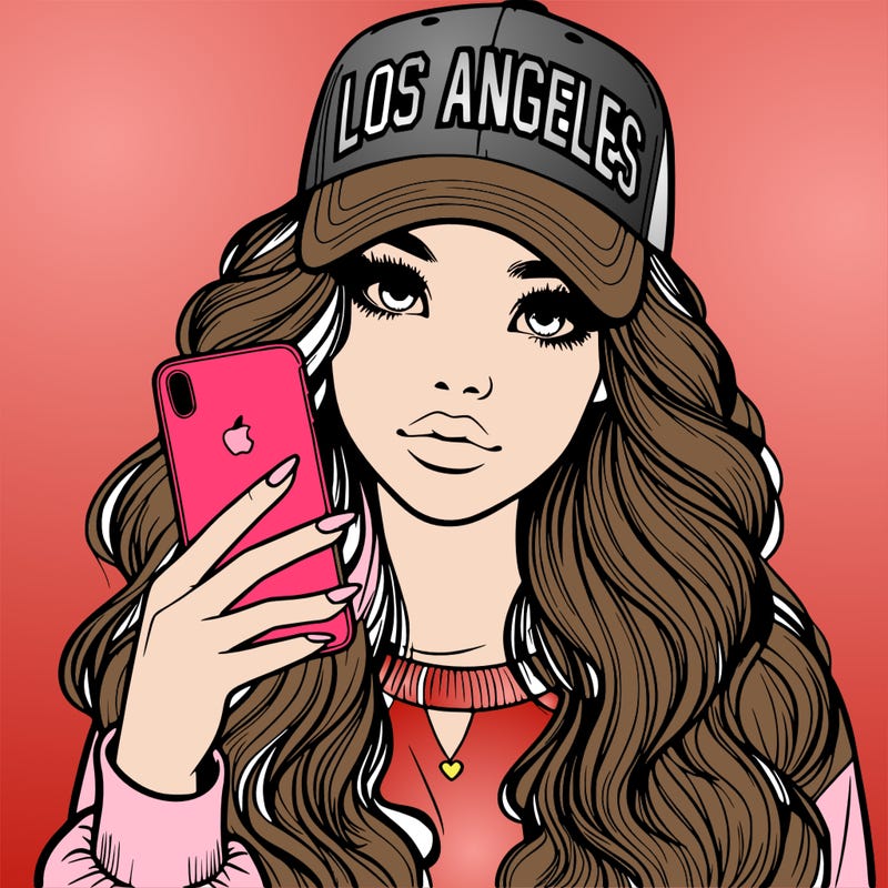 realistic beautiful girl wearing los ángeles cap holding an iphone