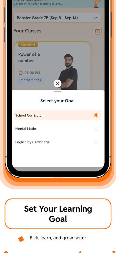 CuriousJr powered by PW - A mobile app screen showing the option to select a learning goal such as School Curriculum, Mental Maths, or English.