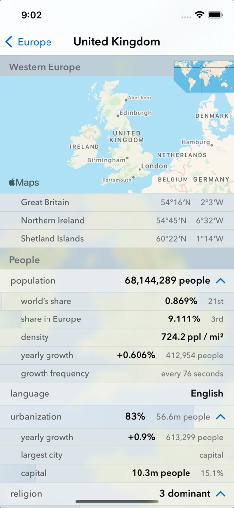 Screenshot dell'app Geography EDU che mostra informazioni demografiche e geografiche dettagliate per il Regno Unito