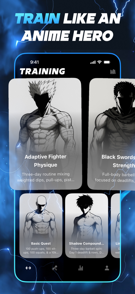 Arise app training interface showing anime-inspired workout plans and daily quests