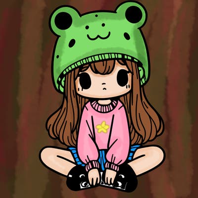 a girl wearing a frog hat and some frog socks