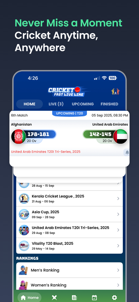 Cricket Fast Live Line - Cricket Fast Live Line app home screen showing live scores and upcoming cricket tournaments