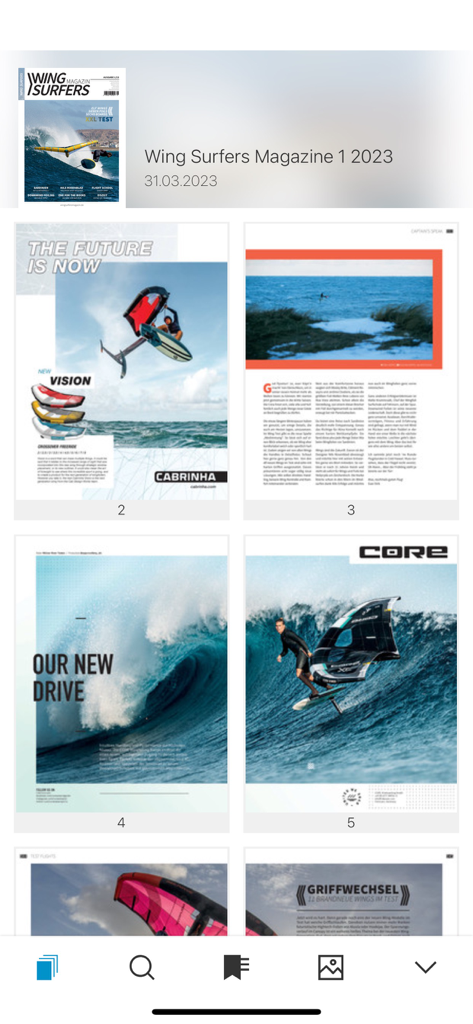 Pagine di riviste digitali nell'app Wing Surfers che mostrano fotografia professionale di wing foiling e articoli tecnici sull'attrezzatura