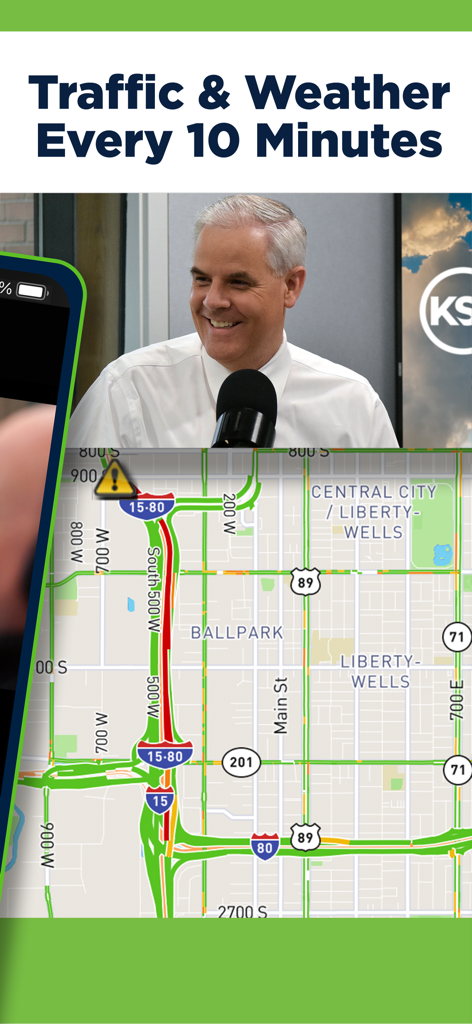 KSL NewsRadio app screen displaying traffic and weather updates with a radio host and a Salt Lake City traffic map