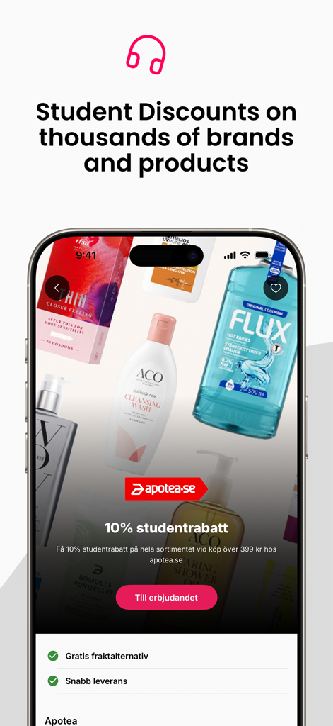 STUK-Mobil-App-Oberfläche, die einen Studentenrabatt von 10 Prozent für Schönheits- und Gesundheitsprodukte anzeigt